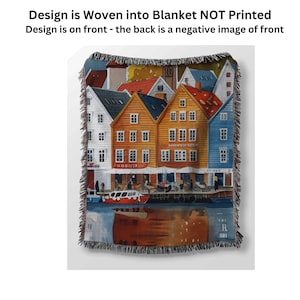 Bergen Norway Woven Throw Blanket Gift, Norway Vacation Gift, Fjords of Norway Blanket, Norway Travel Gift, Bergen Wooden Buildings Blanket