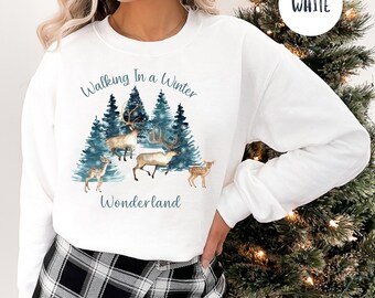 Walking in Winter Wonderland Christmas Gift Sweatshirt for Animal Lover, Deer in Forest Winter Shirt, Animal Lover Christmas Sweatshirt Gift