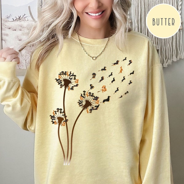 Doxie Dandelion Comfort Colors® Sweatshirt Gift for Dachshund Mom, Wiener Dog Lover Flower Sweater Gift for Doxie Mom, Dog Lover Sweatshirt