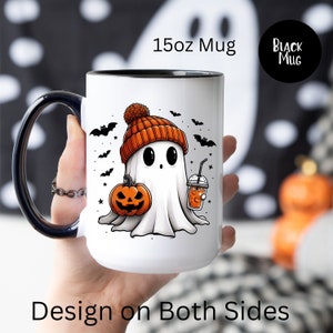 Halloween Ghost 15oz Ceramic Mug, Cute Ghost Mug, Halloween Party Favor Gift, Halloween Gift, Spooky Season Gift Mug, Ghost with Iced Coffee