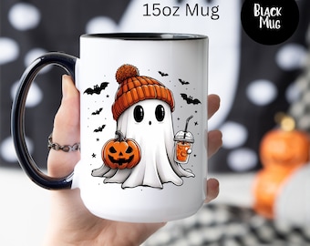 Halloween Ghost 15oz Ceramic Mug, Cute Ghost Mug, Halloween Party Favor Gift, Halloween Gift, Spooky Season Gift Mug, Ghost with Iced Coffee