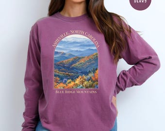 Asheville North Carolina Blue Ridge Mountains Comfort Colors® Long Sleeve Tee, Blue Ridge Mountains Hiking Shirt, Asheville NC Gift Shirt
