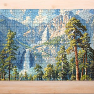 Yosemite National Park Upper and Lower Falls Watercolor 500 Piece Jigsaw Puzzle (Finished 16x20) Yosemite Vacation Gift, Yosemite Souvenir