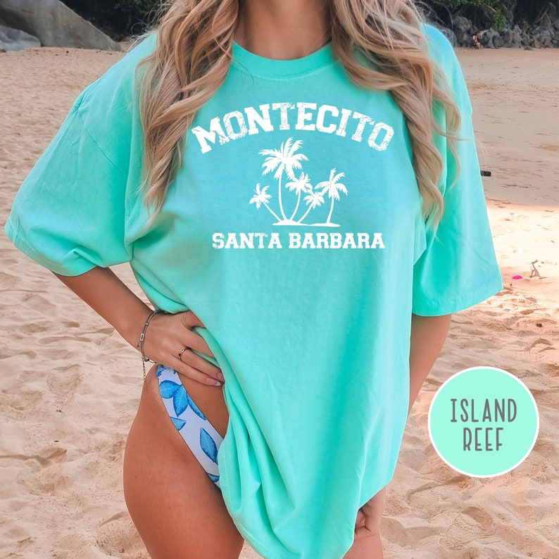May include: A turquoise blue t-shirt with the text "Montecito Santa Barbara" and a graphic of palm trees. The t-shirt is oversized and has a relaxed fit.
