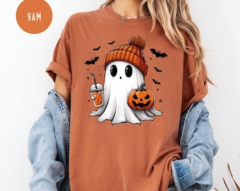 Halloween Ghost Comfort Colors® Tee, Cute Ghost Holding Iced Coffee Shirt, Halloween Party Gift Shirt, Spooky Season Shirt, Halloween Gift