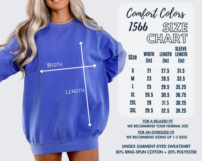 K&ouml;nnte beinhalten: Gr&ouml;&szlig;entabelle f&uuml;r ein Unisex-Sweatshirt in verschiedenen Gr&ouml;&szlig;en, mit Ma&szlig;en in Zoll f&uuml;r Breite, L&auml;nge und &Auml;rmell&auml;nge. Die Tabelle umfasst die Gr&ouml;&szlig;en S, M, L, XL, 2XL und 3XL. Das Sweatshirt besteht aus 80 % Ringspinn-Baumwolle und 20 % Polyester.