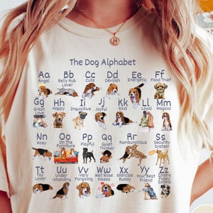 May include: A white t-shirt with a graphic of a dog alphabet. Each letter of the alphabet is paired with a dog breed and a word describing the breed. For example, "Aa Angel", "Bb Belly Rub Lover", "Cc Cute", "Dd Devilish", "Ee Energetic", "Ff Food Thief", "Gg Great Love", "Hh Happy", "Ii Inquisitive", "Jj Joyful", "Kk Kind", "Ll Loyal", "Mm Magical", "Nn Nosy", "Oo On The Furniture", "Pp Playful", "Qq Quiet Thinker", "Rr Rambunctious", "Ss Security System", "Tt Toy Lover", "Uu Under-standing", "Vv Very Forgiving", "Ww Wet Nose Kisses", "Xx exercise Buddy", "Yy Your Best Friend", "Zz Zooms Puppy Zooms".
