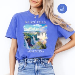 Pu&ograve; includere: T-shirt blu con un'immagine delle cascate dell'Iguaz&uacute; in Argentina. Il design include il testo "IGUAZ&Uacute; FALLS" e "ARGENTINA". La maglietta ha un girocollo e maniche corte.