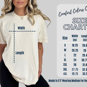 May include: Size chart for a t-shirt with measurements in inches. The chart shows the width and length of the shirt in different sizes, from S to 4XL. The model is 5'2" and wearing a size Medium.