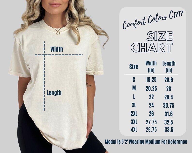 May include: Size chart for a t-shirt with measurements in inches. The chart shows the width and length of the shirt in different sizes, from S to 4XL. The model is 5'2" and wearing a size Medium.
