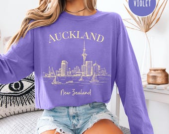 Auckland New Zealand Grunge Style Comfort Colors® Long Sleeve TShirt, New Zealand Vacation Tee, New Zealand Travel Gift, New Zealand Harbour