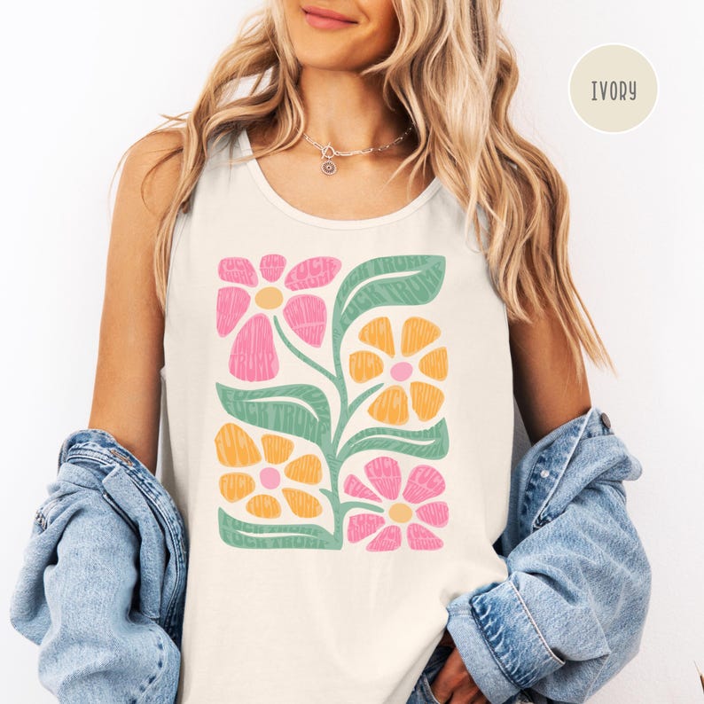 Subtiles fuck Trump Comfort Colors Tank Top Demokrat T-Shirt, Anti-Trumpf Tank Top, Sommer Protest Shirt, fuck Trump progessive freiheitliche Blume T-Shirt Ivory