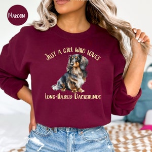 Just a Girl Who Loves Long-Haired Dachshund Sweatshirt Gift for Doxie Mom, Longhaired Wiener Dog Lover Shirt, Dachshund Mom Gift Sweatshirt