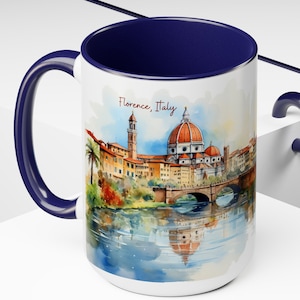 Florence Italy 2-Toned 15oz Ceramic Mug, Design Front & Back, Florence Italy Vacation Gift Mug, Florence Italy Watercolor Gift, Florence Mug