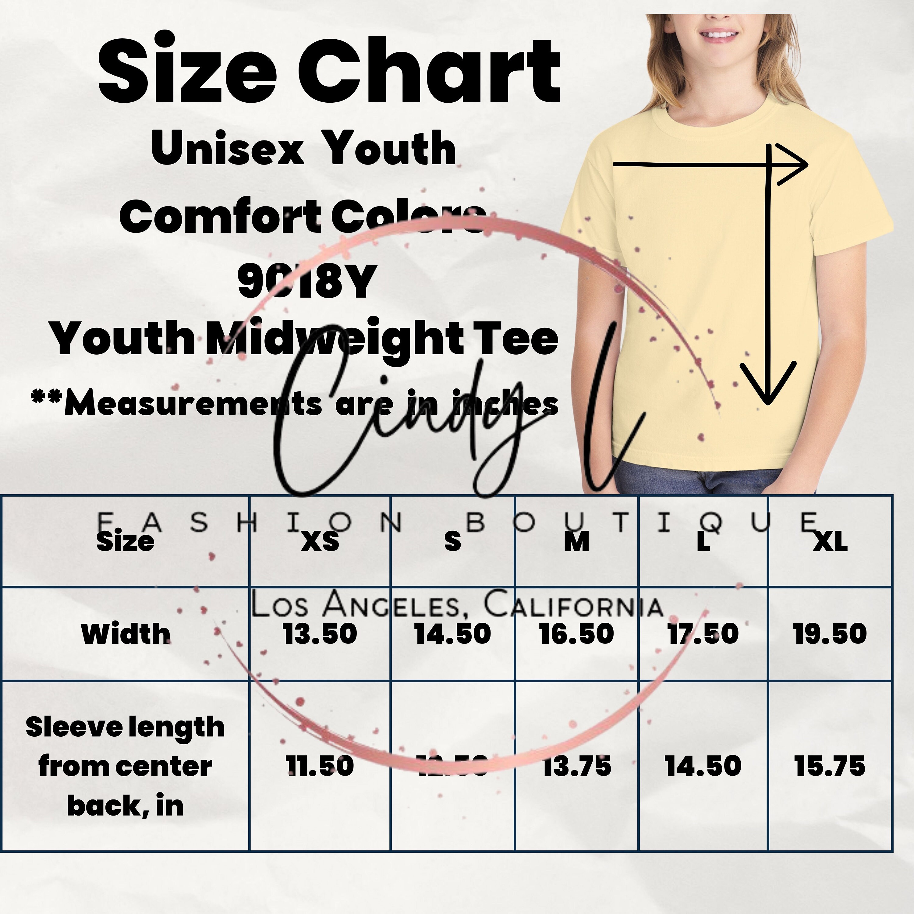 Youth Comfort Colors Size Chart 9018Y Size Chart Youth Tee Etsy