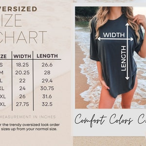 May include: Size chart for oversized t-shirts, showing width and length measurements in inches for sizes S through 3XL. The chart includes the text "For the trendy oversized look order 2 sizes up from your normal size."