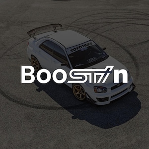 May include: A white saloon car with a rear spoiler and gold wheels, featuring a Toyo Tires windscreen banner and the text BooSTin overlaid in large white letters. The vehicle is positioned on asphalt with visible tyre marks from circular manoeuvres.