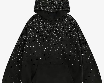 Onyx Gear Starfield Rhinestone Hoodie, Oversized Black Fleece Streetwear
