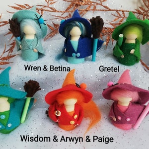 May include: Six felt witch dolls, each with a miniature broom. The dolls are named Wren & Betina, Gretel, Wisdom & Arwyn & Paige. The witches wear hats and jackets in shades of blue, green, orange, and pink. The text is visible.