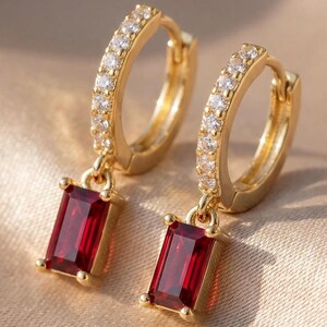 Gold Huggie Hoop Earrings – 18K Gold Plated Ruby Red Pendant