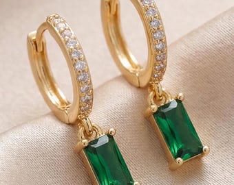 18K Gold Plated Huggie Hoop Earrings, Emerald Green Pendant
