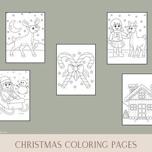 May include: Five black and white Christmas coloring pages. The pages feature a reindeer, a girl and a reindeer, a candy cane, an elf on a sled, and a gingerbread house.