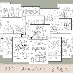 May include: Twenty black and white Christmas coloring pages featuring various holiday themes, including a snowman, reindeer, a Christmas tree, a gingerbread man, and a truck with a Christmas tree on top. The text "Peace & Joy" and "Happy" are included on two of the pages.