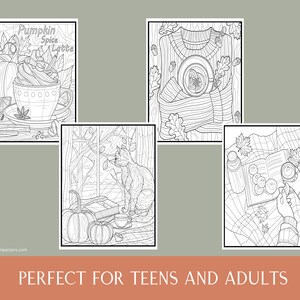 May include: Four black and white colouring pages featuring autumn themes. The first page shows a pumpkin spice latte with whipped cream and cinnamon sticks. The second page shows a jumper and a cup of tea. The third page shows a cat looking out a window. The fourth page shows a book, a cup of coffee, and a flask.