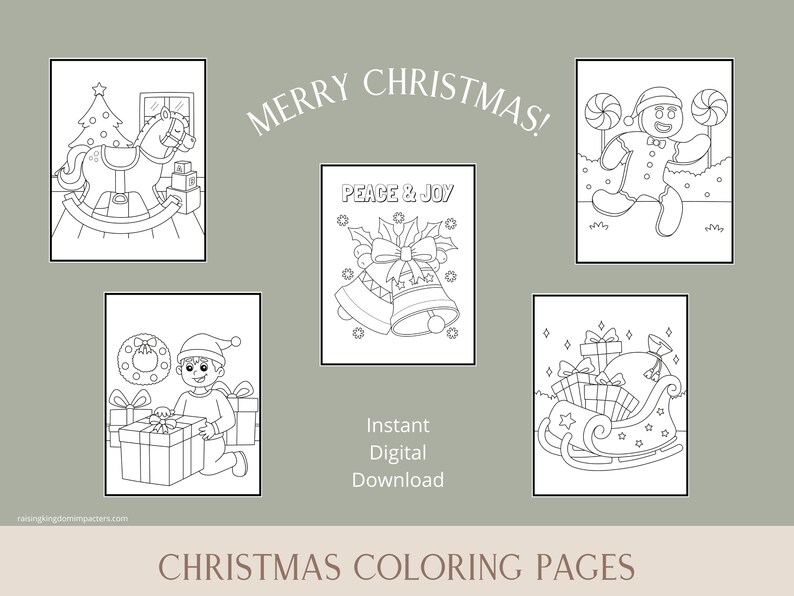 May include: Five black and white Christmas coloring pages featuring a rocking horse, a gingerbread man, a Christmas bell, a boy with a gift, and a sleigh with presents. The text "Merry Christmas!" and "Peace & Joy" are included in the image.