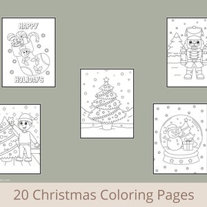 May include: Five black and white Christmas coloring pages. The pages feature a stocking filled with gifts, a Christmas tree, a nutcracker, a snowman in a snow globe, and a boy decorating a Christmas tree.