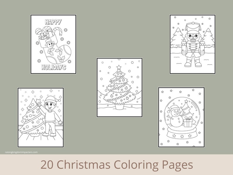 May include: Five black and white Christmas coloring pages. The pages feature a stocking filled with gifts, a Christmas tree, a nutcracker, a snowman in a snow globe, and a boy decorating a Christmas tree.