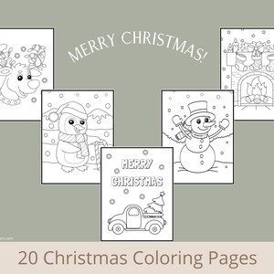 May include: A set of 20 black and white Christmas coloring pages featuring a reindeer, penguin, snowman, fireplace, and a truck with a Christmas tree. The text "Merry Christmas!" is written at the top of the page.