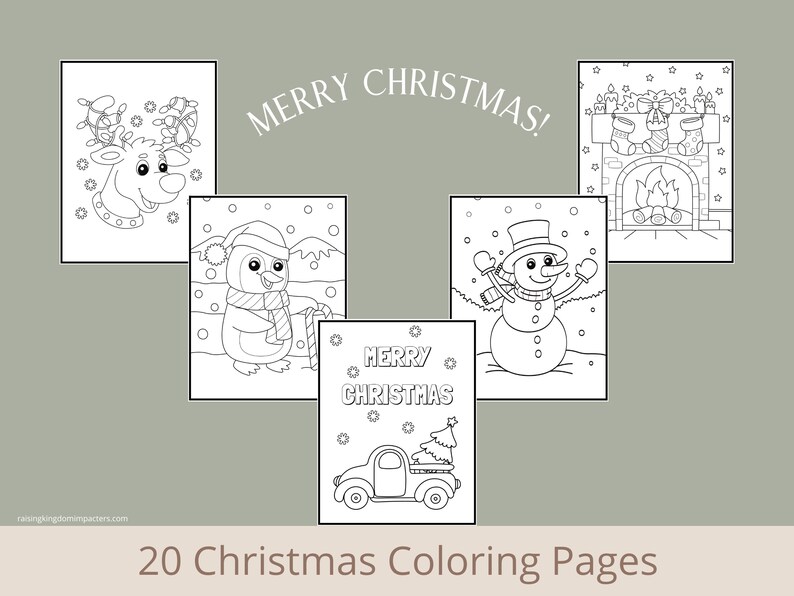 May include: A set of 20 black and white Christmas coloring pages featuring a reindeer, penguin, snowman, fireplace, and a truck with a Christmas tree. The text "Merry Christmas!" is written at the top of the page.