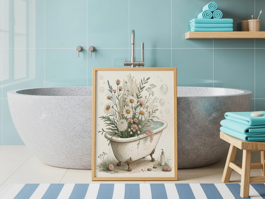 Floral Bathtub Wall Art | Bathroom Botanical Printable Decor - Etsy