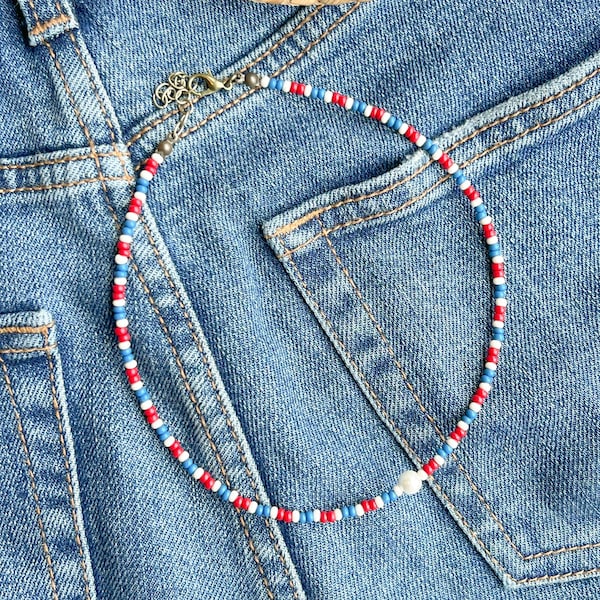 The "July" Beaded Choker Handmade Native Seed Bead Necklace Western Style Patriotic Summer Jewelry 4th of July American Choker Boho Necklace