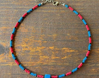 The "Americana Babe" Beaded Choker Necklace Handmade Native Seed Bead Jewelry Western Patriotic Jewelry 4th of July American Choker Boho Y2K