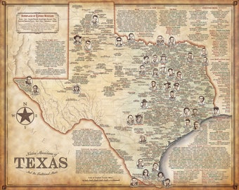 Texas Music Map - Birthplaces of 1000+ Native Musicians of Blues, Jazz, Country, Western Swing, Conjunto, etc.  24"x30" Illustrated Print