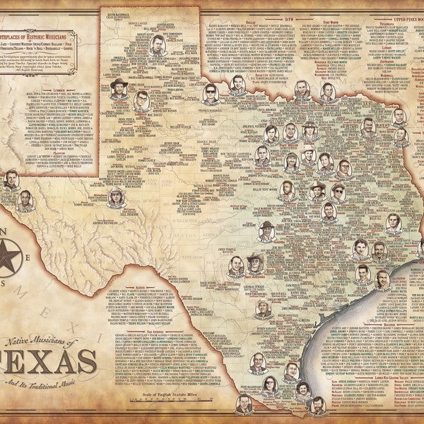 Texas Music Map - Birthplaces of 1000+ Native Musicians of Blues, Jazz, Country, Western Swing, Conjunto, etc.  24"x30" Illustrated Print