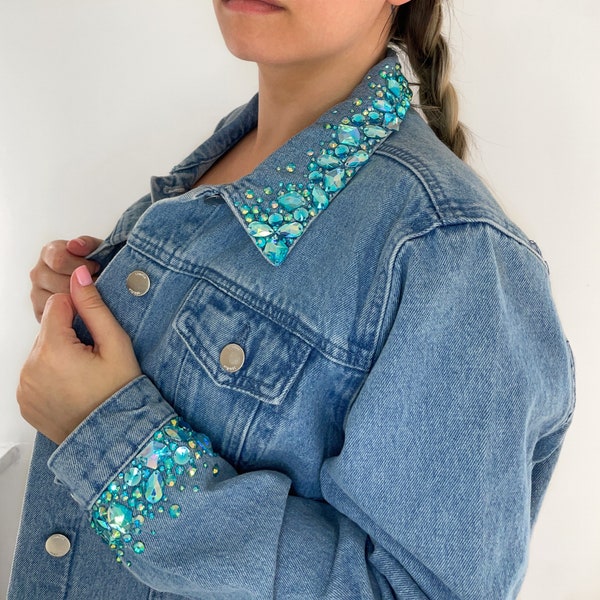 Jeansjacke - Blau Strass Verziert