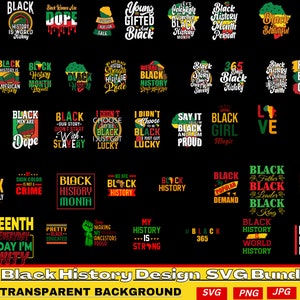 Peut inclure: Un ensemble de 40 designs SVG pour le Mois de l'histoire des Noirs avec un fond transparent. Les designs présentent diverses phrases et images liées au Mois de l'histoire des Noirs, telles que "Black History is World History", "Black Girl Magic", "Black Lives Matter", et "Juneteenth".