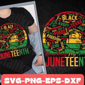 May include: A black t-shirt with a colorful graphic design featuring a woman's face with an afro hairstyle. The graphic includes the words "Remembering My Ancestors Juneteenth" and a red, yellow, and green color scheme.