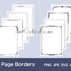 May include: Eight black and white page borders with a futuristic design. The borders are arranged in a staggered pattern. The text "8 Page Borders" is at the bottom of the image. The text "PNG JPG SVG EPS" is at the bottom right of the image.