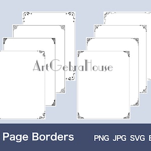 May include: Eight black and white page borders with ornate designs. The borders are arranged in a cascading pattern, with the largest border at the top and the smallest border at the bottom. The text "Art Gebra House" is visible in the centre of the image.