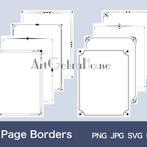 May include: Set of eight black and white page borders with decorative corners and lines. The borders are arranged in a staggered pattern.