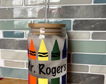 Personalized Crayon Color Change Glass Can Cup, Teacher Gift