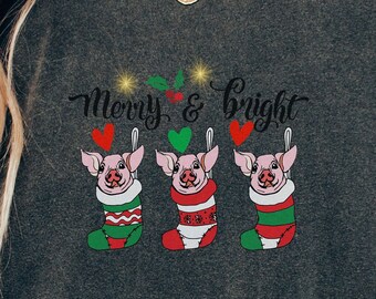Merry and Bright Christmas stockings with piglets Shirt Best Friend Mom Sister Holiday Tee Aunt Nana Gift Co-Worker