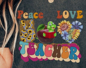 Kindergarten Teacher Peace Love Christmas Shirt flowers retro apple Best Friend Mom Sister Holiday tee Aunt Nana Gift Co-Worker