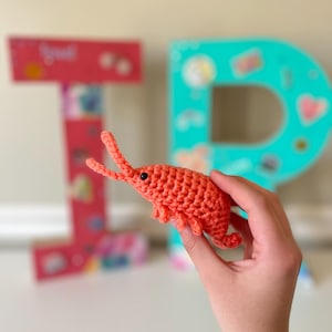 May include: A small, coral-colored crochet shrimp with black eyes is held up in front of a blurred background. The shrimp is handmade with detailed stitching. The background includes the letters "TD" in a colorful, decorative font.