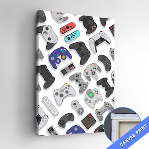 Peut inclure: Impression sur toile présentant un motif répété de manettes de jeux vidéo noires, grises, rouges et bleues sur fond blanc. Les manettes sont de formes et de tailles variées, représentant différentes consoles.