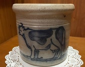 1990 Rowe Salt Glazed Pottery Works Crock Container with a Cow Design